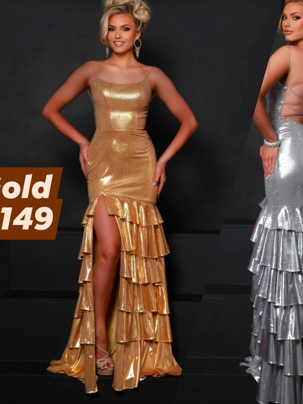 2 Cute Gold Metallic Ruffle High-Slit Prom Gown